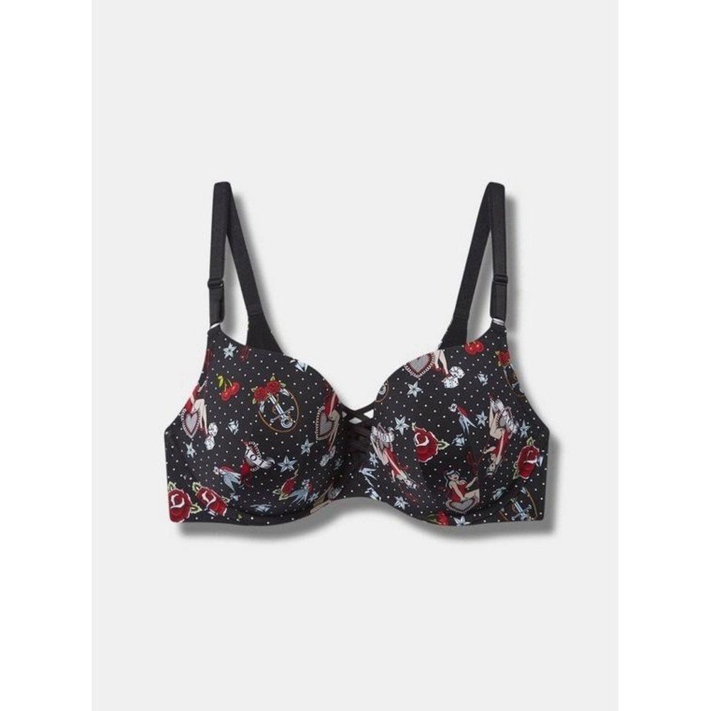 Torrid XO Boost Plunge Bra Tattoo Devil Rose Lace Up Black See Measurements